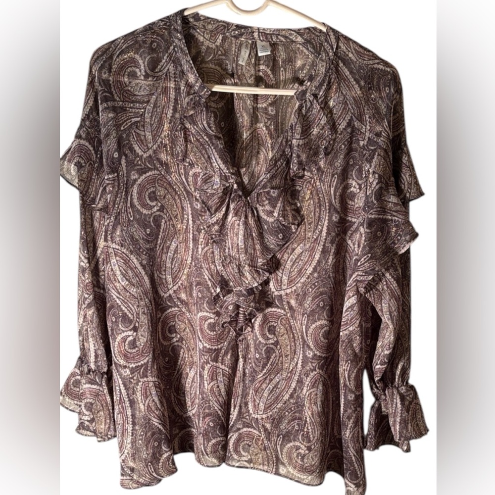 Cato Paisley Ruffle Blouse - Brown, gold, and Cream
